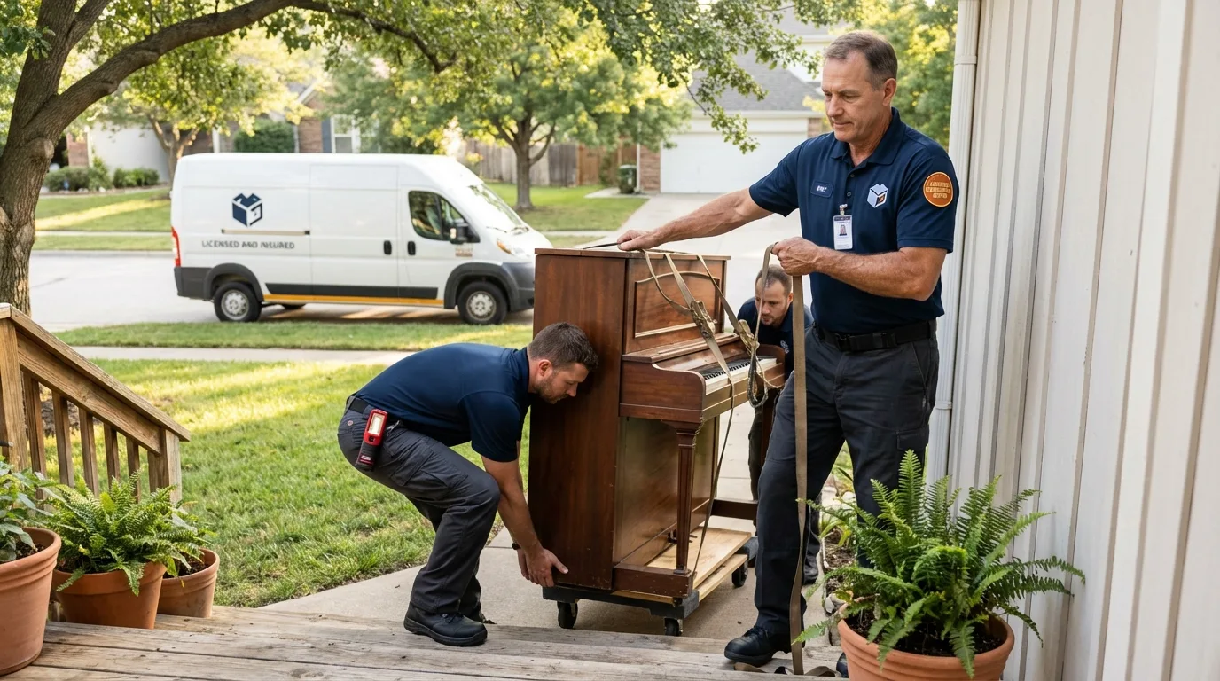 Licensed piano movers securing grand piano in McAdoo, PA