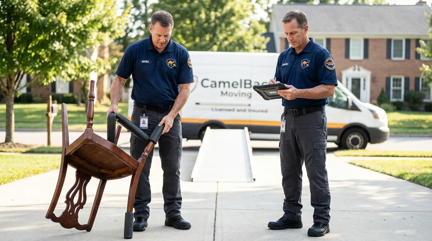 Movers inspecting furniture for damage prevention before loading in McAdoo, PA