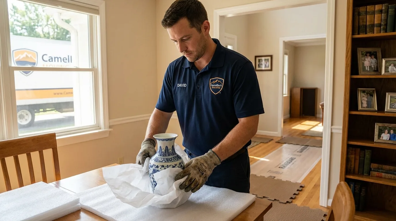 Professional crew carefully wrapping antique vase for senior downsizing move in McAdoo, PA